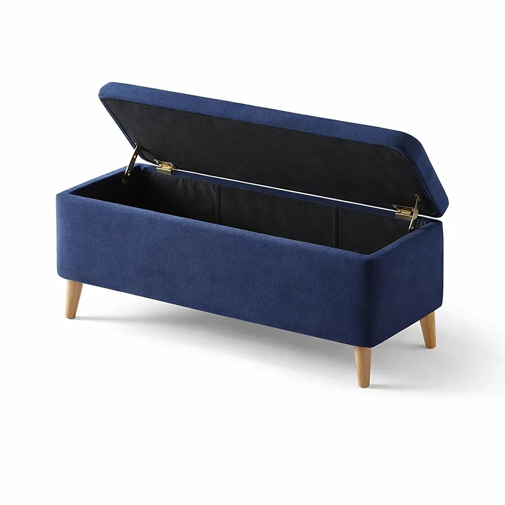 Banc de rangement en tissu bleu avec pieds en bois-DREAMVI Benest