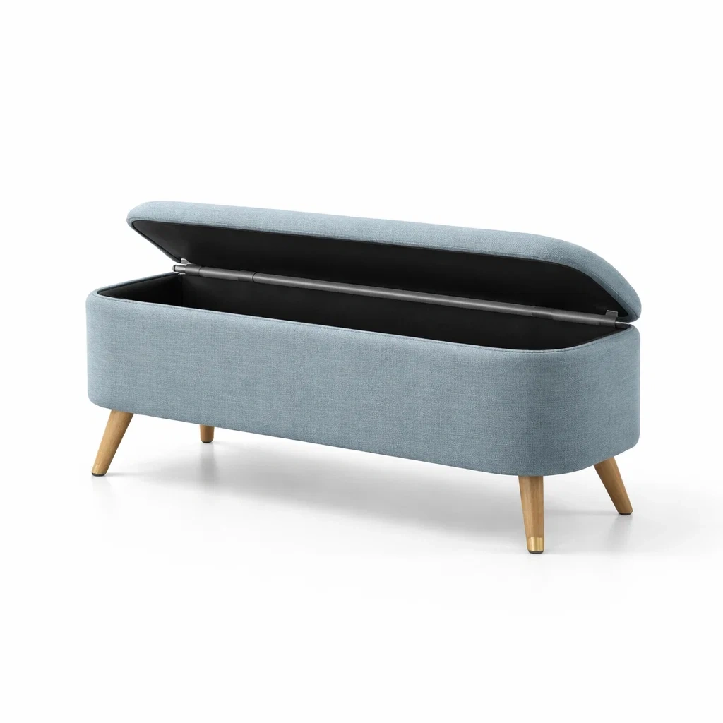 Banc de rangement en tissu polyester bleu clair avec pieds en bois-DREAMVI Benest
