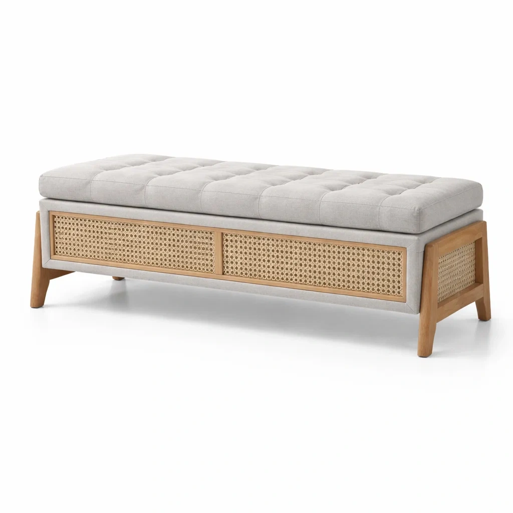 Banc de rangement en bois et rotin tressé beige-DREAMVI Benest