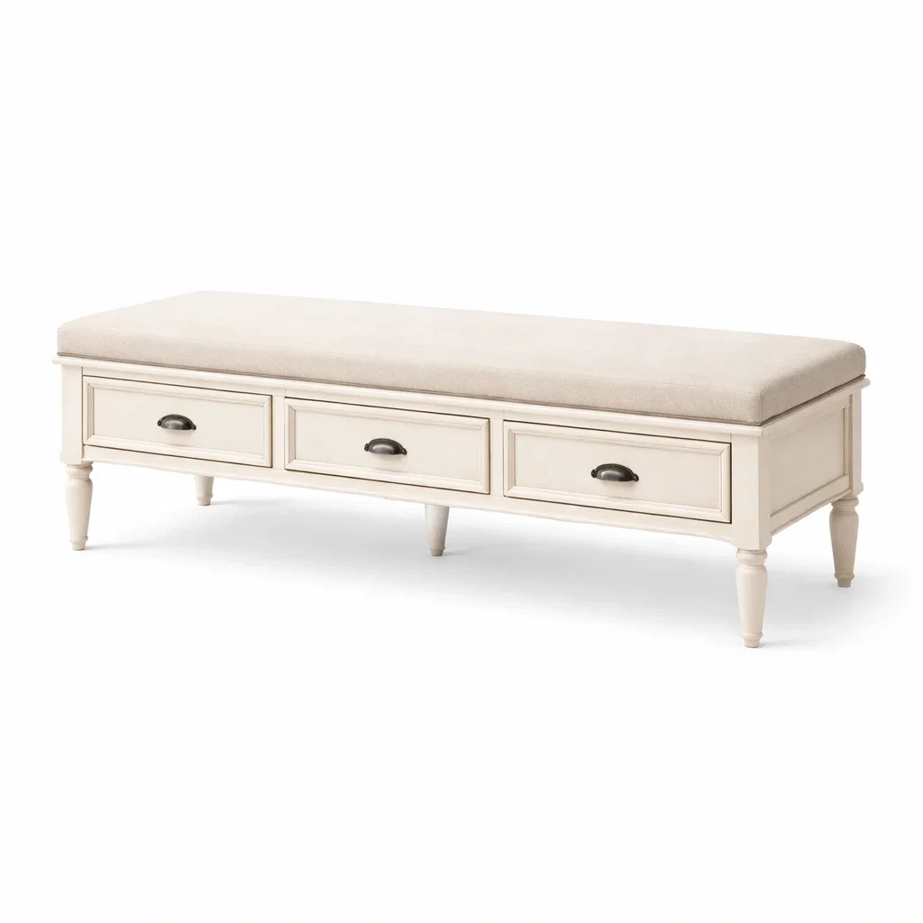 Banc de rangement en bois avec assise en lin et tiroirs-DREAMVI Benest