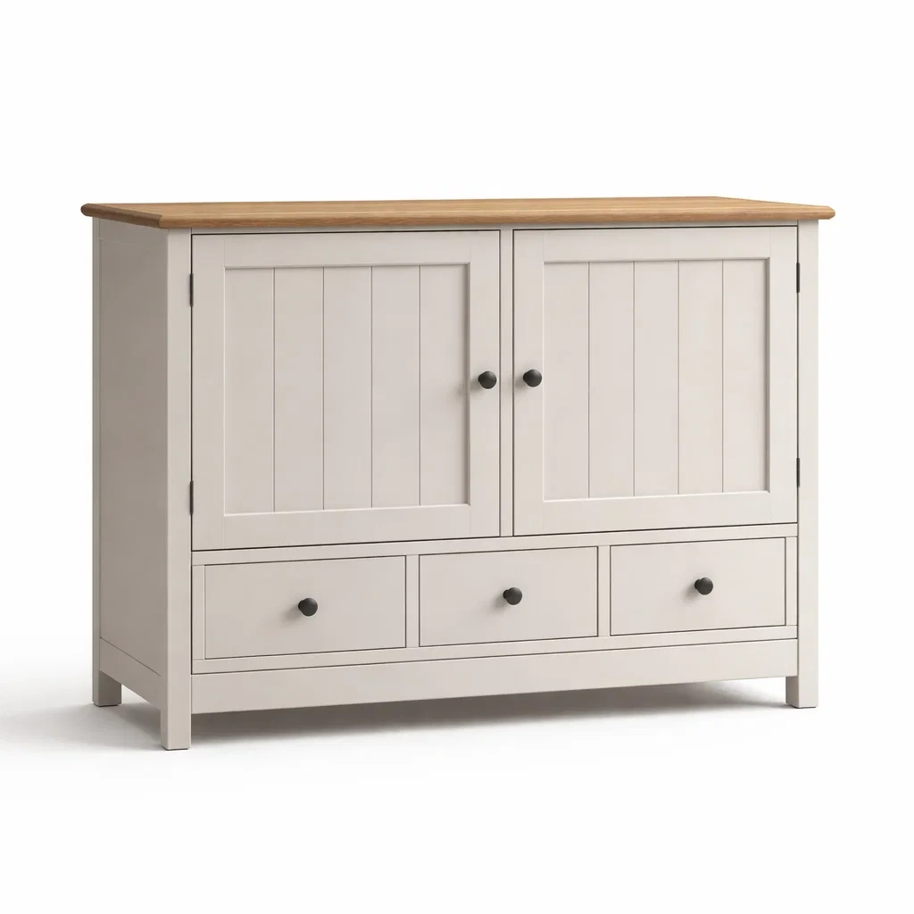 Buffet en Bois MDF avec Plateau en Chêne, 2 Portes, 3 Tiroirs Blanc-DREAMVI Benest