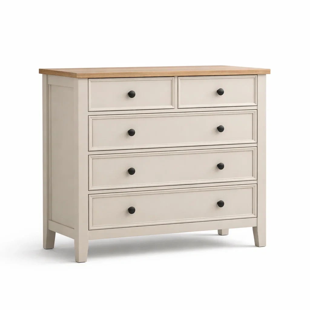 Commode en Bois Massif avec Dessus en Chêne Beige 5 Tiroirs-DREAMVI Benest