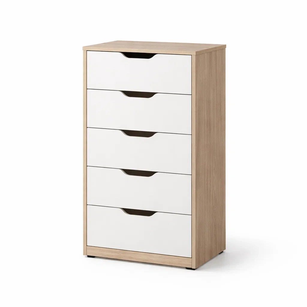 Commode 5 Tiroirs en Bois et MDF Blanc/Chêne-DREAMVI Benest