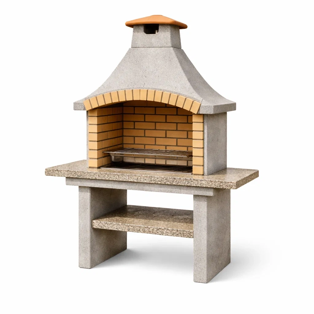 Barbecue en brique réfractaire avec hotte en béton et grille en acier inoxydable-ZENNOOKSANCTUARY