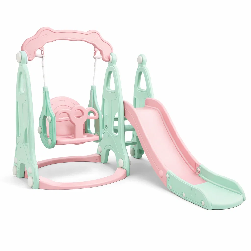Ensemble Toboggan et Balançoire en Plastique Rose et Vert pour Enfants-ZENNOOKSANCTUARY