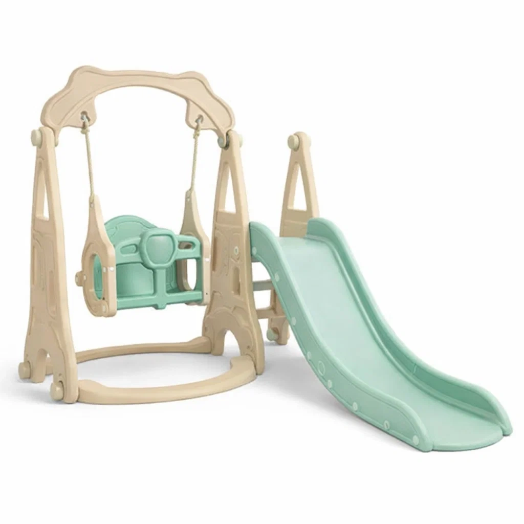 Ensemble Balançoire et Toboggan pour Enfants en Plastique Polyéthylène Beige/Vert-ZENNOOKSANCTUARY