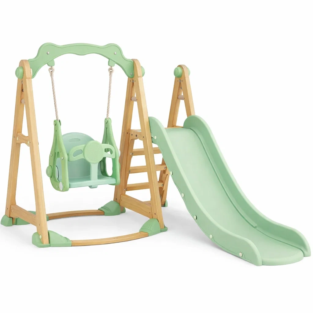 Balançoire et Toboggan pour Enfants en Bois et Plastique Polyéthylène Vert-ZENNOOKSANCTUARY