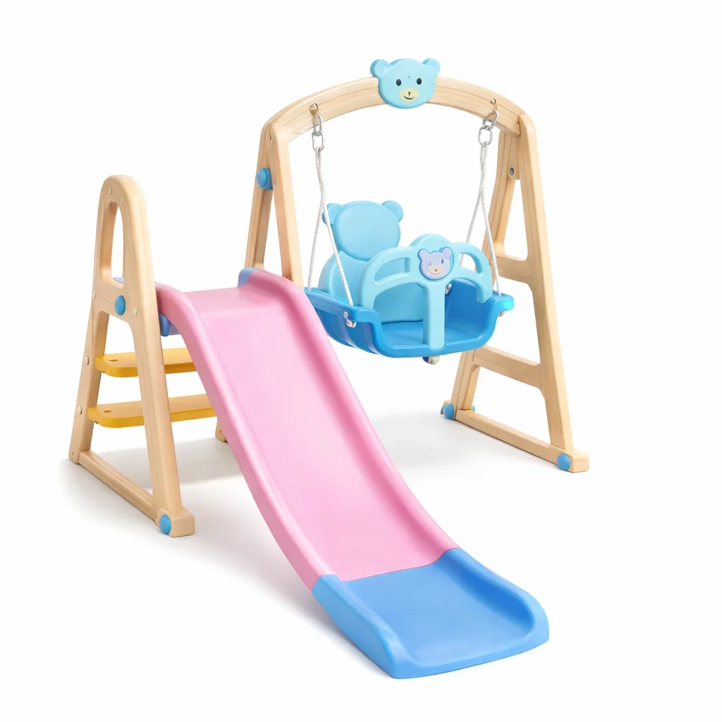 Ensemble Toboggan et Balançoire en Bois et Plastique Polypropylène Rose/Bleu-ZENNOOKSANCTUARY