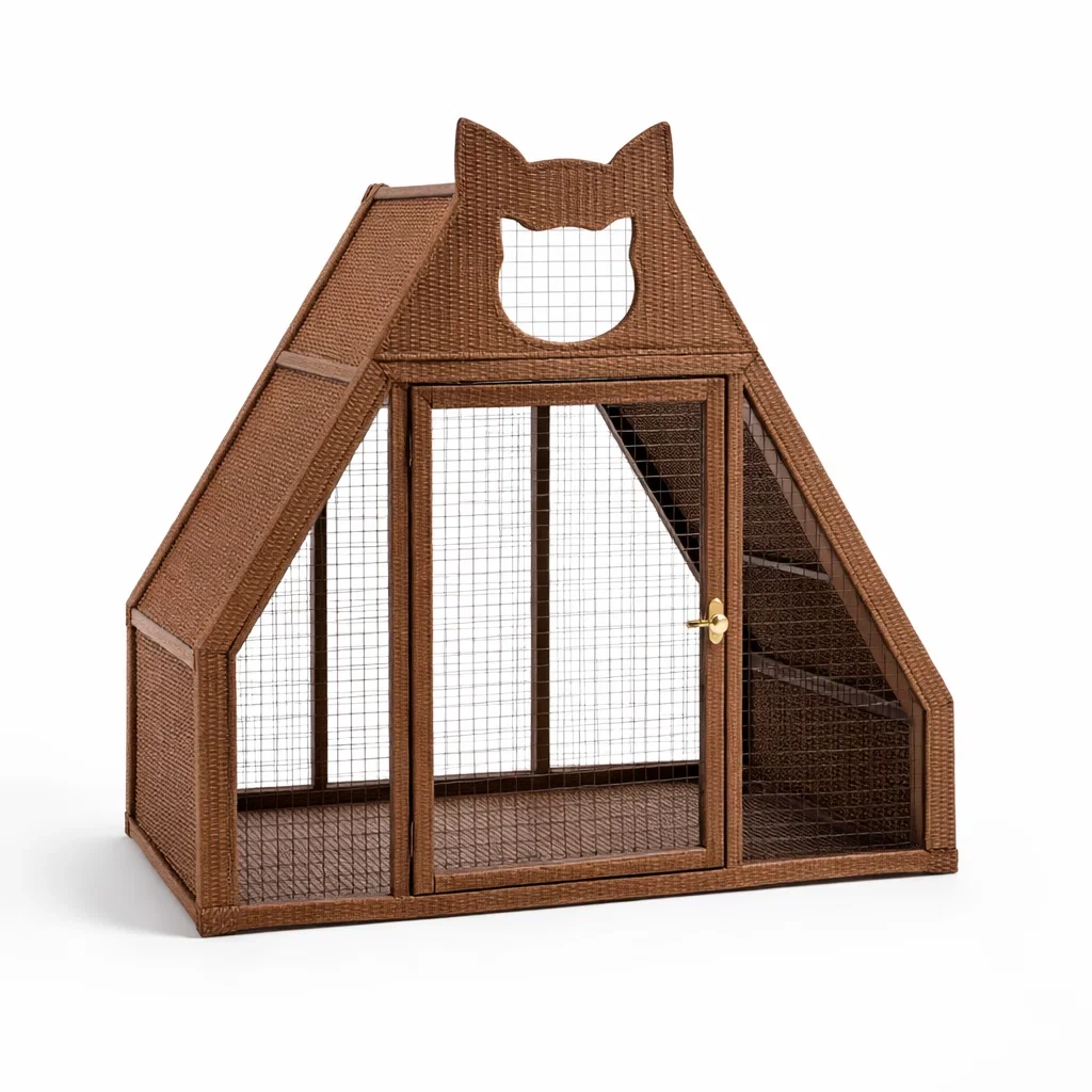 Enclos pour chat en rotin synthétique et métal Marron-ZENNOOKSANCTUARY