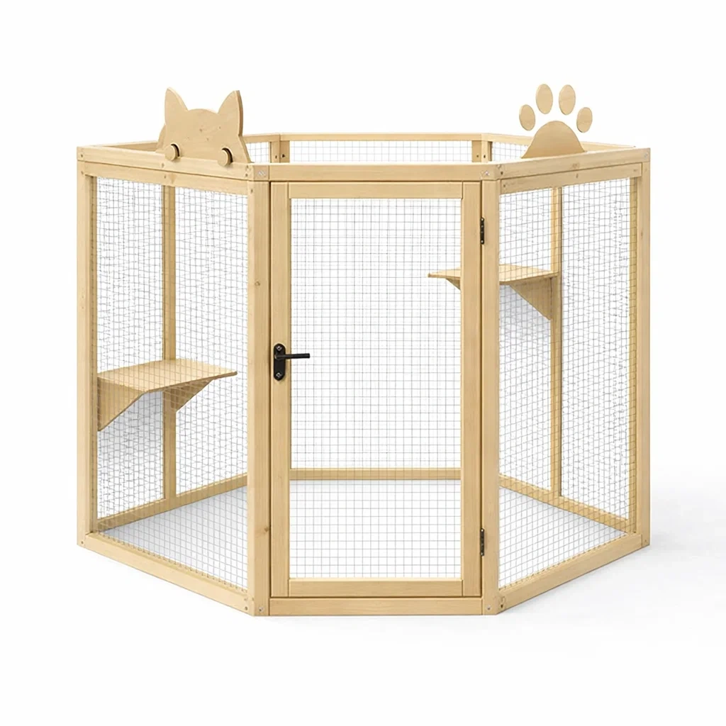 Enclos hexagonal en bois de pin pour chats avec grillage métallique-ZENNOOKSANCTUARY