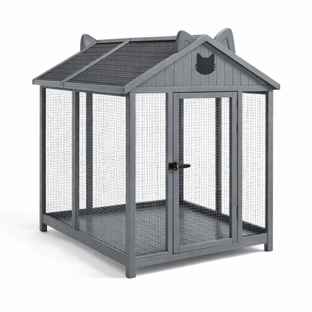Enclos pour Chat Extérieur en Bois et Métal Gris-ZENNOOKSANCTUARY