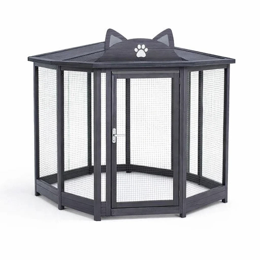 Enclos pour animaux en acier avec décorations d'oreilles de chat en Gris-ZENNOOKSANCTUARY