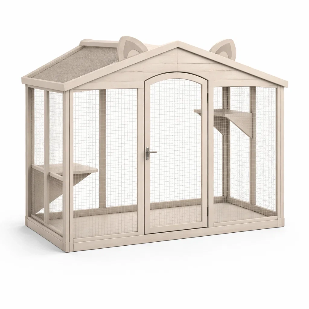 Enclos pour Chats en Bois et Métal avec Toit et Étagères Beige-ZENNOOKSANCTUARY