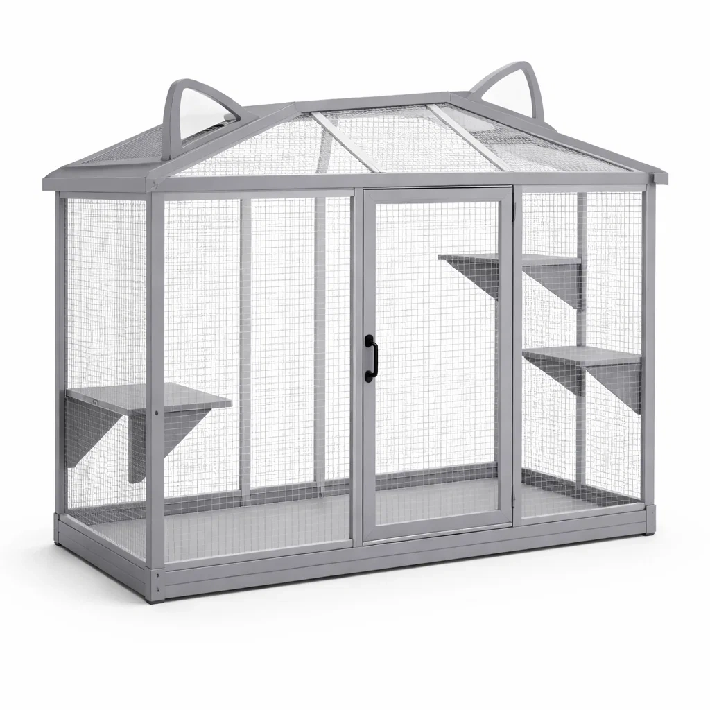 Enclos en Métal pour Chats avec Toit et Étagères Gris-ZENNOOKSANCTUARY