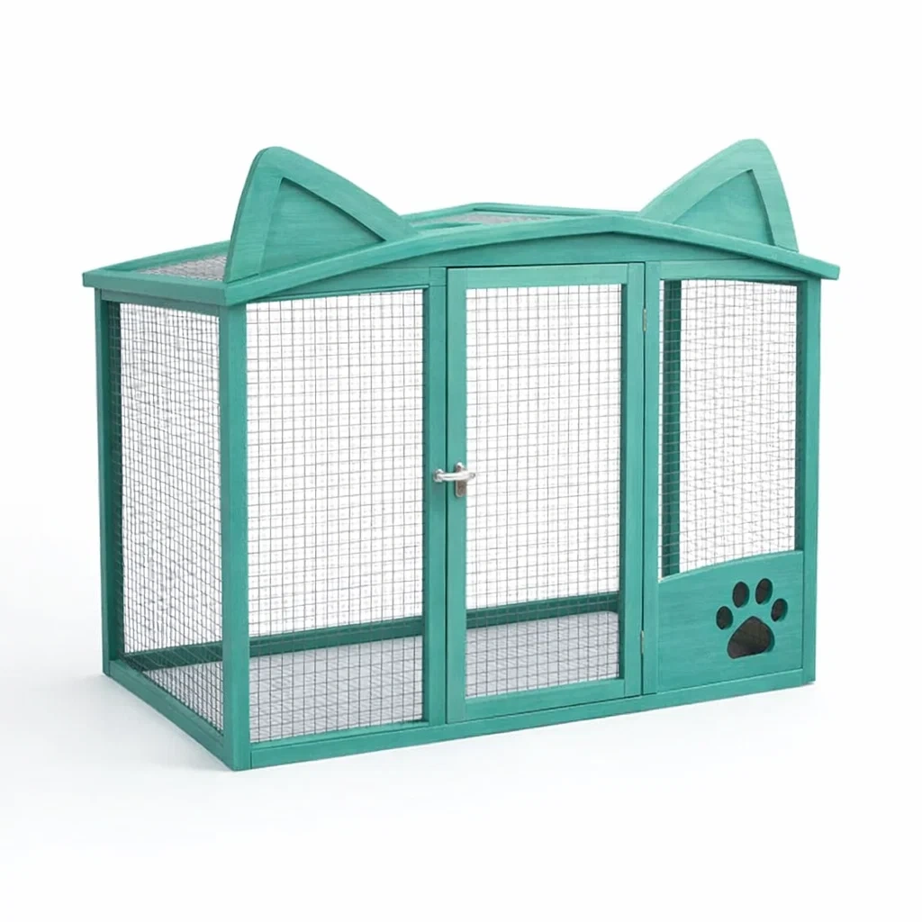Enclos pour Chat en Bois et Métal avec Motif de Patte Vert-ZENNOOKSANCTUARY