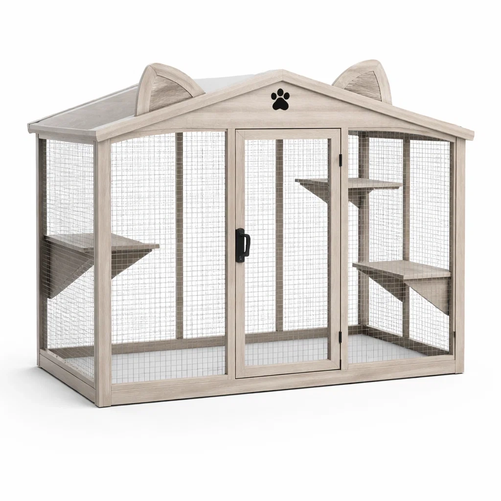 Enclos pour Chat en Bois avec Grillage Métal Crème-ZENNOOKSANCTUARY