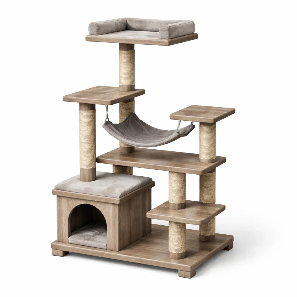 Arbre à chat en bois avec plateformes et hamac gris-ZENNOOKSANCTUARY