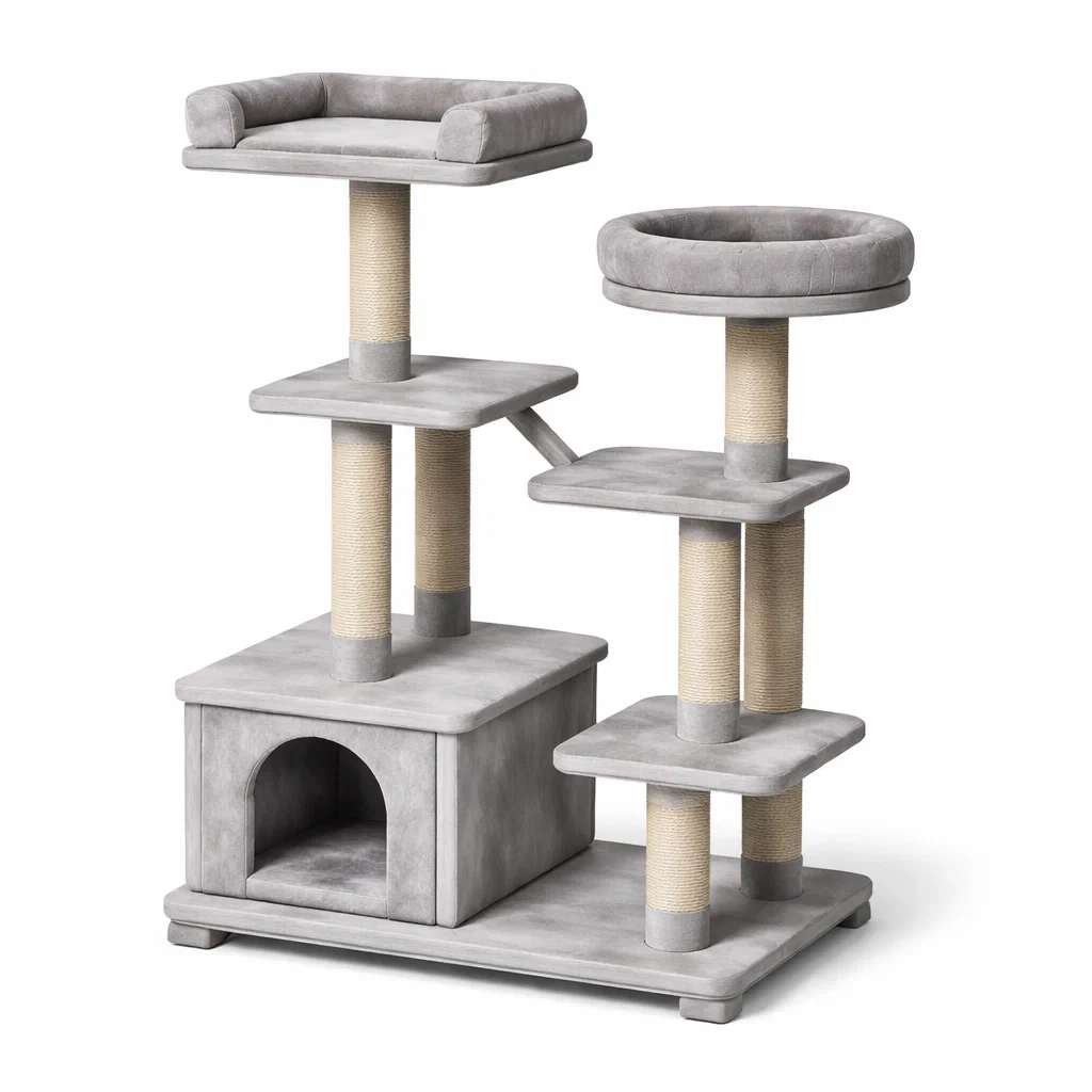 Arbre à chat en tissu gris avec griffoirs en sisal-ZENNOOKSANCTUARY