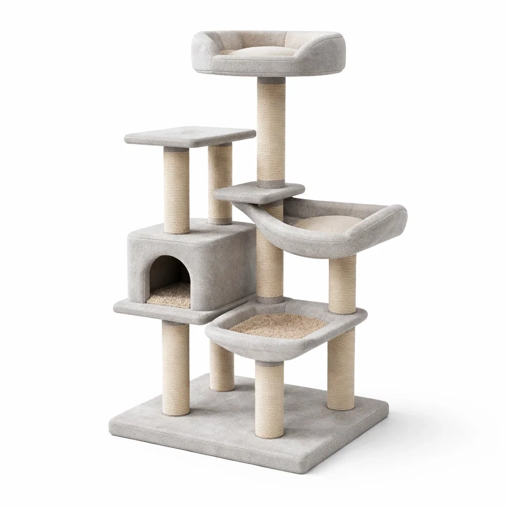 Arbre à chat en bois, sisal et tissu polyester gris et beige-ZENNOOKSANCTUARY