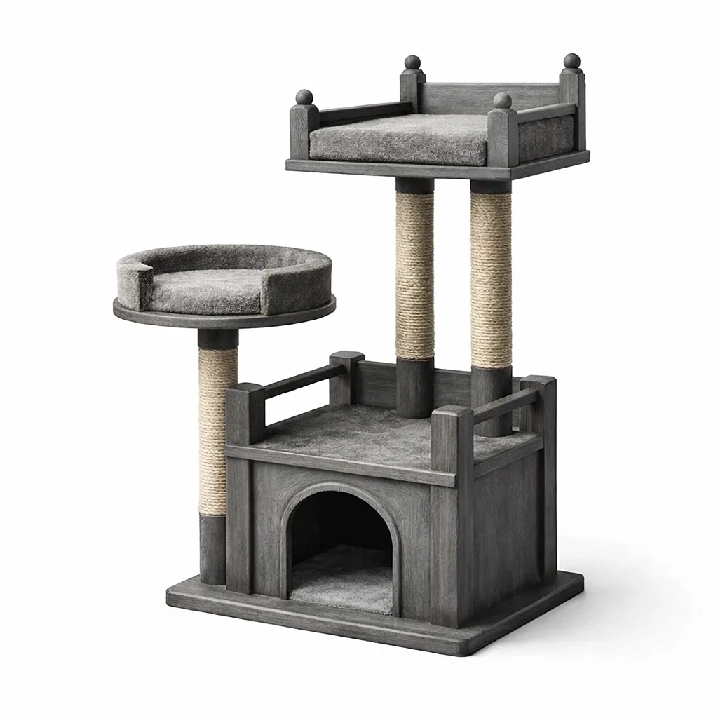 Arbre à chat en bois avec sisal et revêtement gris-ZENNOOKSANCTUARY