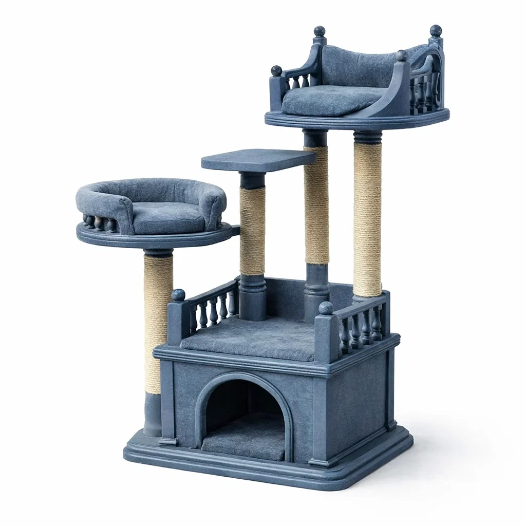 Arbre à chat en bois bleu avec poteaux en sisal-ZENNOOKSANCTUARY