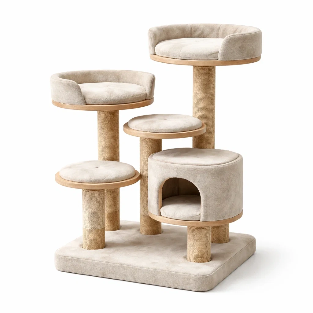 Arbre à chat en bois et tissu Beige avec plateformes et niche-ZENNOOKSANCTUARY