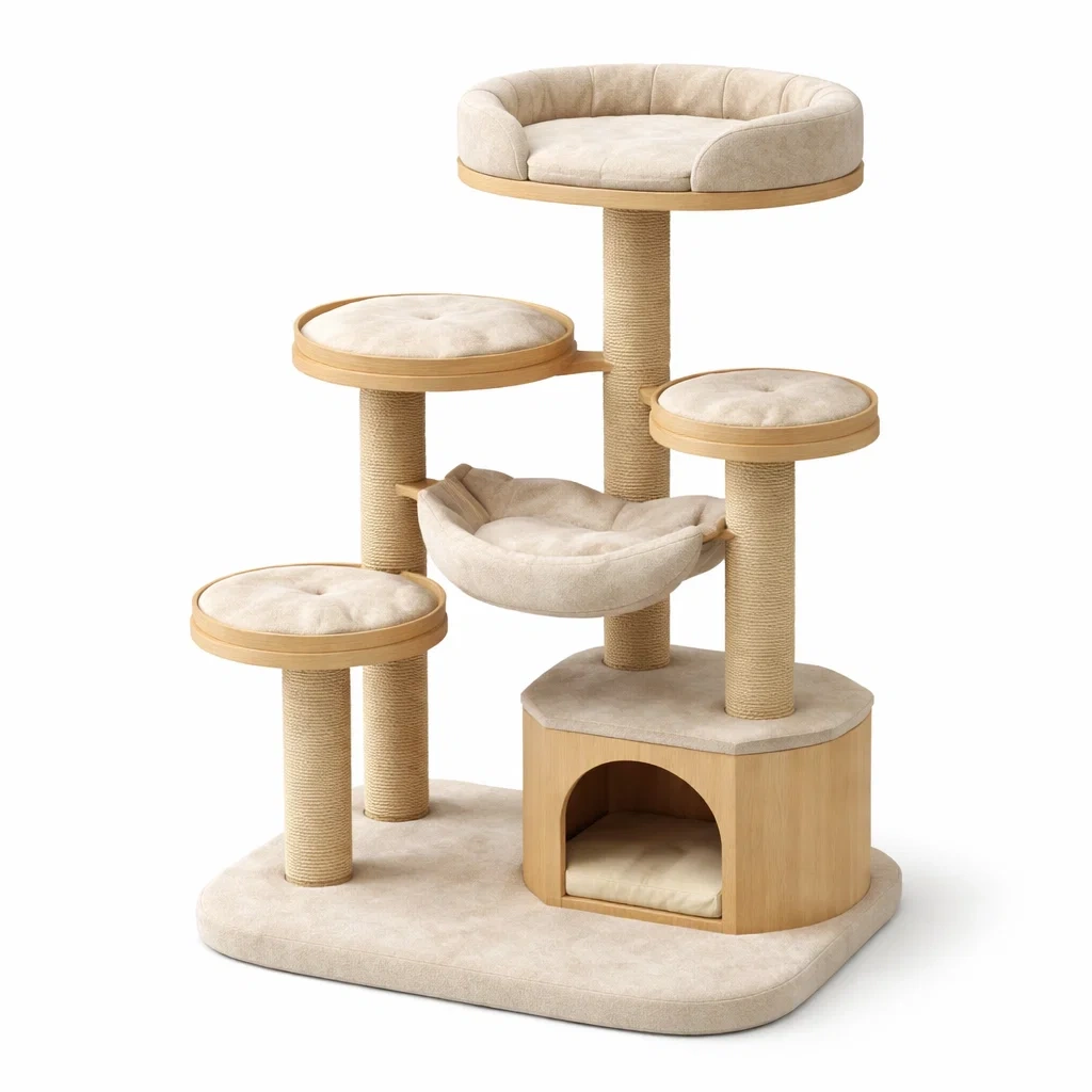 Arbre à chat en bois avec plateformes et hamac en sisal beige-ZENNOOKSANCTUARY