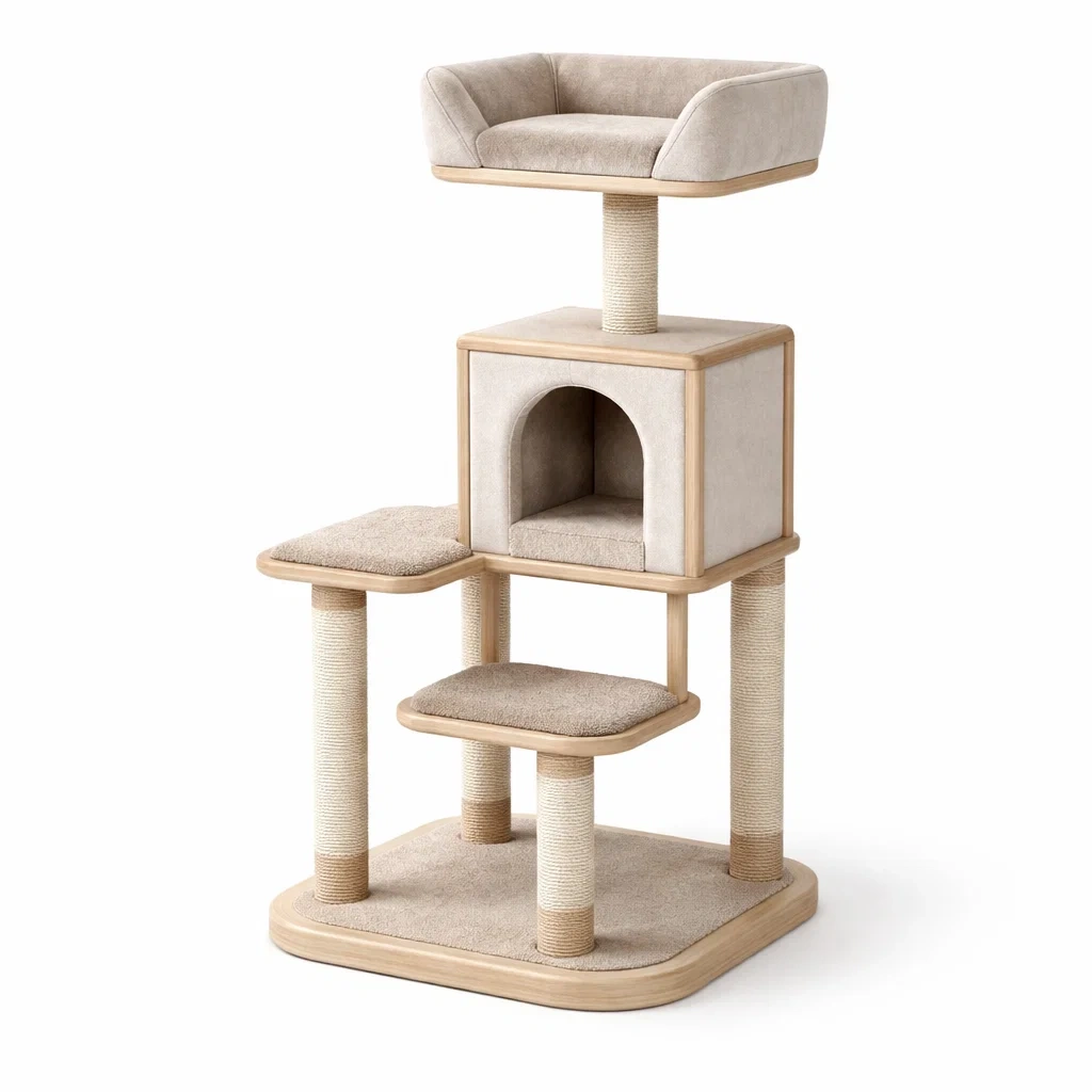 Arbre à chat en bois avec plateformes et coussins en beige-ZENNOOKSANCTUARY