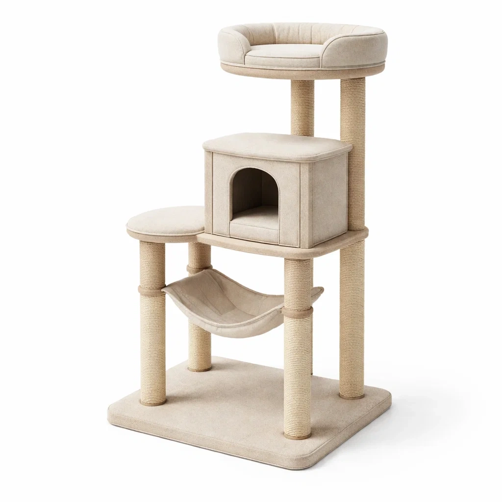 Arbre à Chat en Bois, Tissu et Sisal Beige-ZENNOOKSANCTUARY