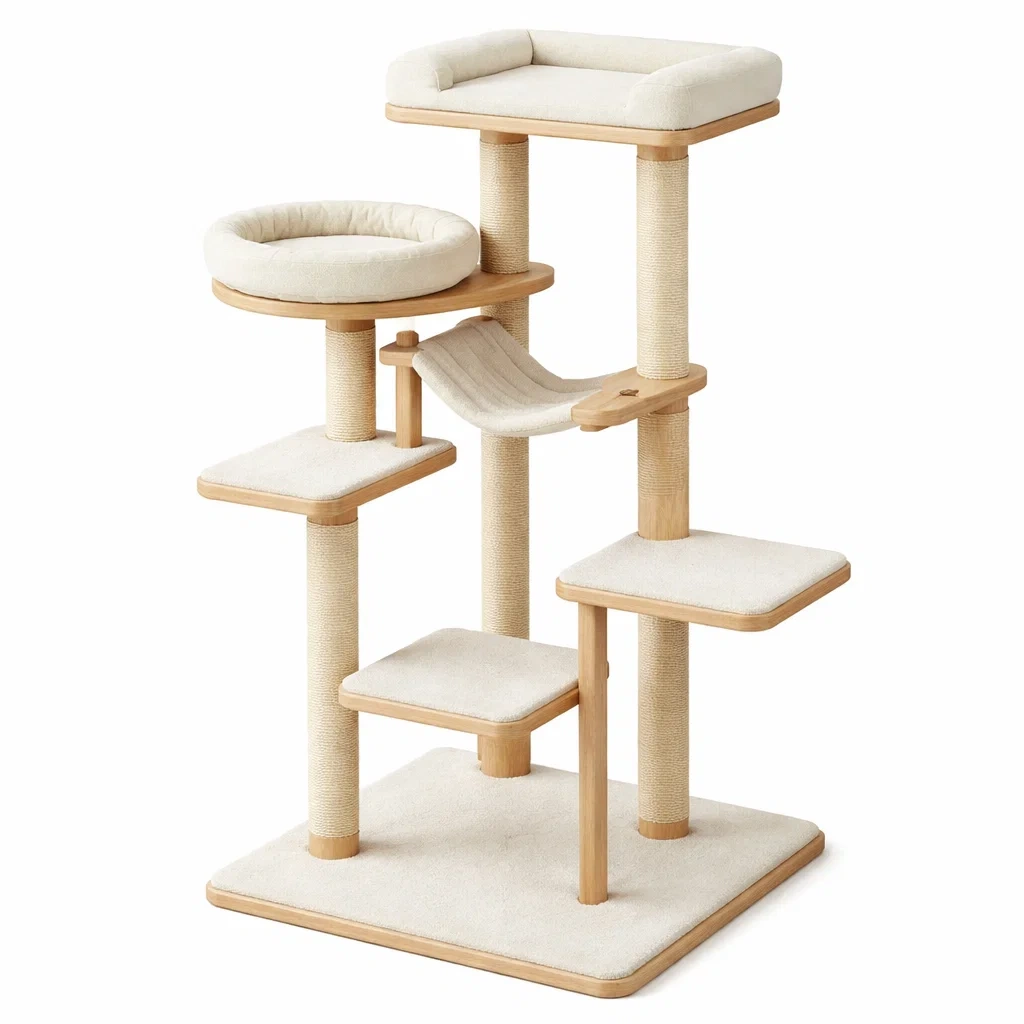 Arbre à Chat en Bois et Tissu Beige-ZENNOOKSANCTUARY