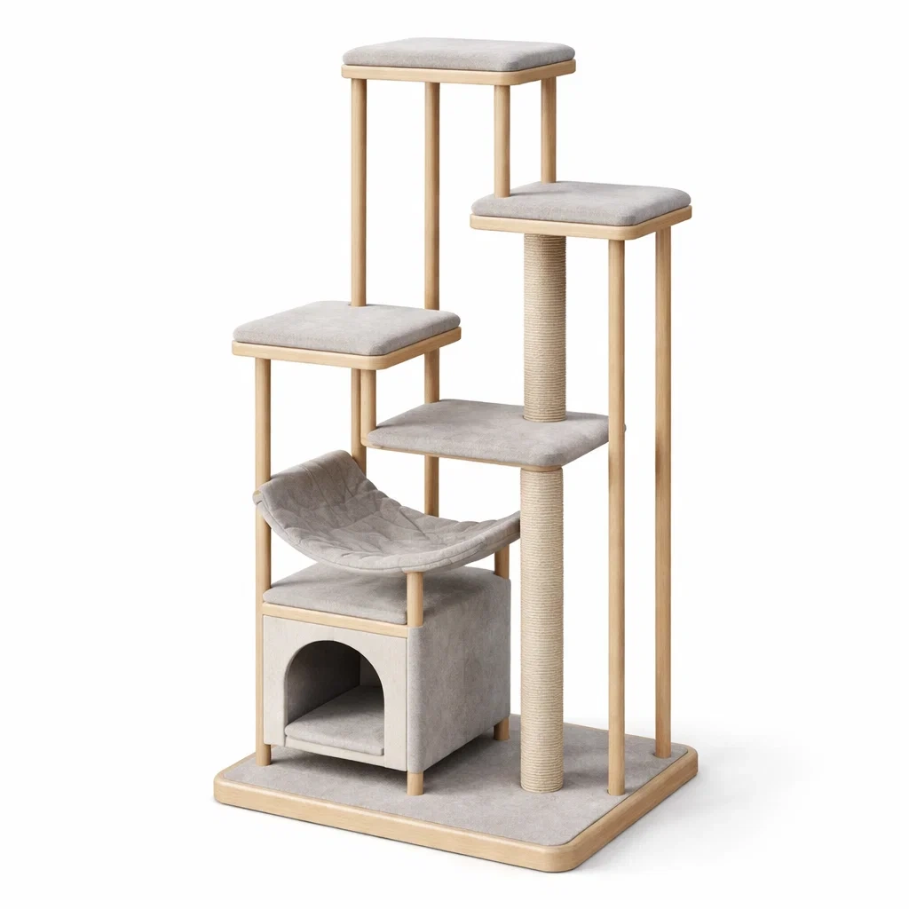 Arbre à chat en bois avec plateformes et hamac en tissu gris-ZENNOOKSANCTUARY