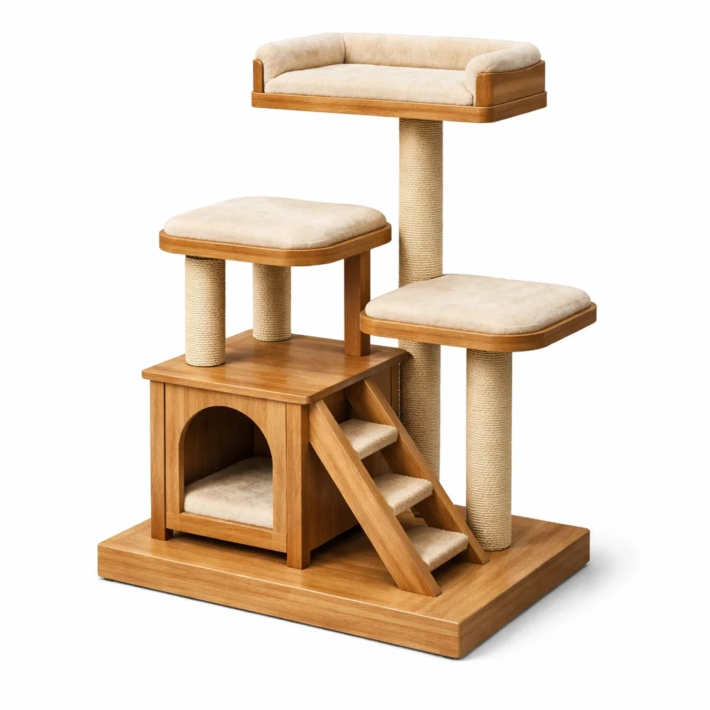 Arbre à chat en bois avec plateformes en polyester beige-ZENNOOKSANCTUARY