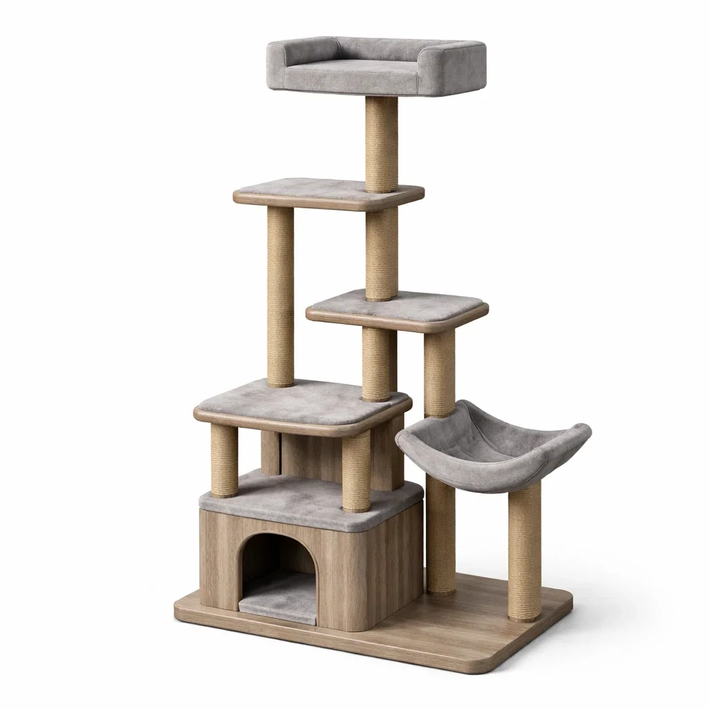 Arbre à Chat en Bois avec Revêtement en Tissu Gris et Poteaux en Sisal-ZENNOOKSANCTUARY