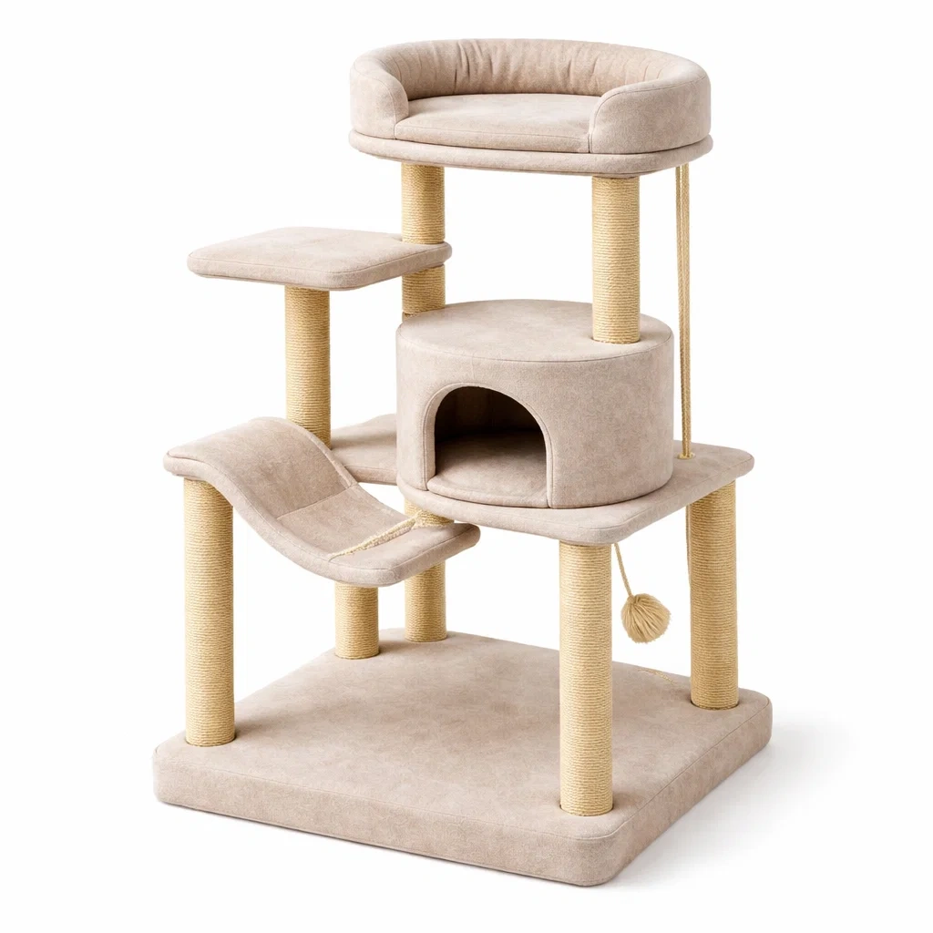 Arbre à chat en tissu beige avec hamac en corde sisal 120cm-ZENNOOKSANCTUARY