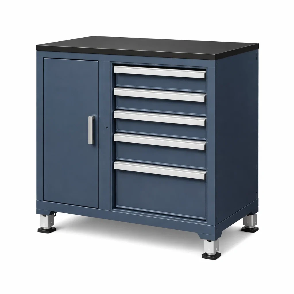 Armoire de rangement en acier avec 5 tiroirs et porte, Plateau en acier, Bleu-ZENNOOKSANCTUARY