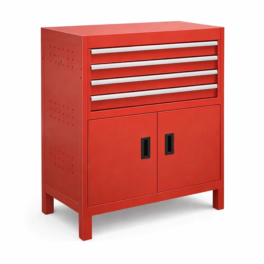 Armoire de rangement en métal rouge avec tiroirs et portes-ZENNOOKSANCTUARY
