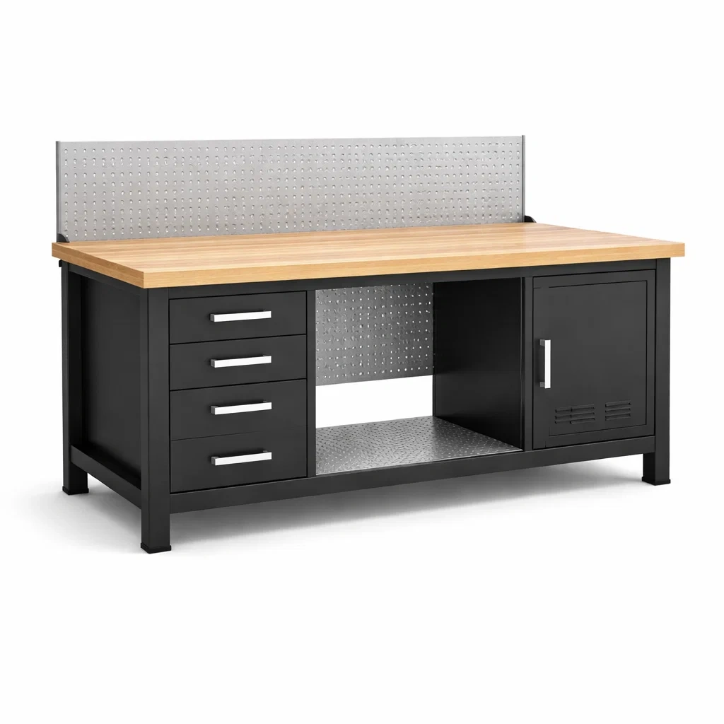 Établi en Métal Noir avec Plateau en Bois, 4 Tiroirs et 1 Porte-ZENNOOKSANCTUARY
