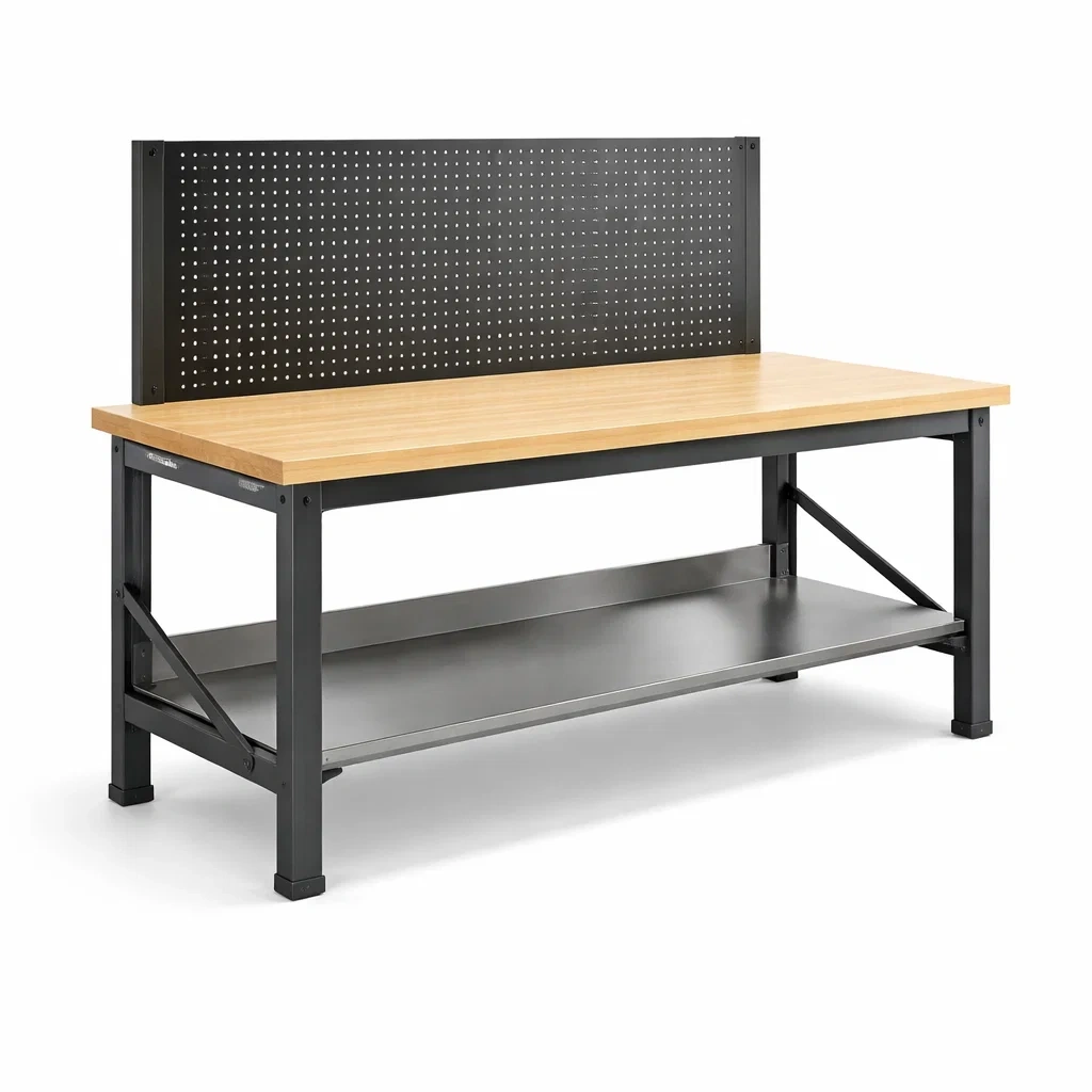 Établi de travail en acier avec plateau en bois et panneau perforé-ZENNOOKSANCTUARY