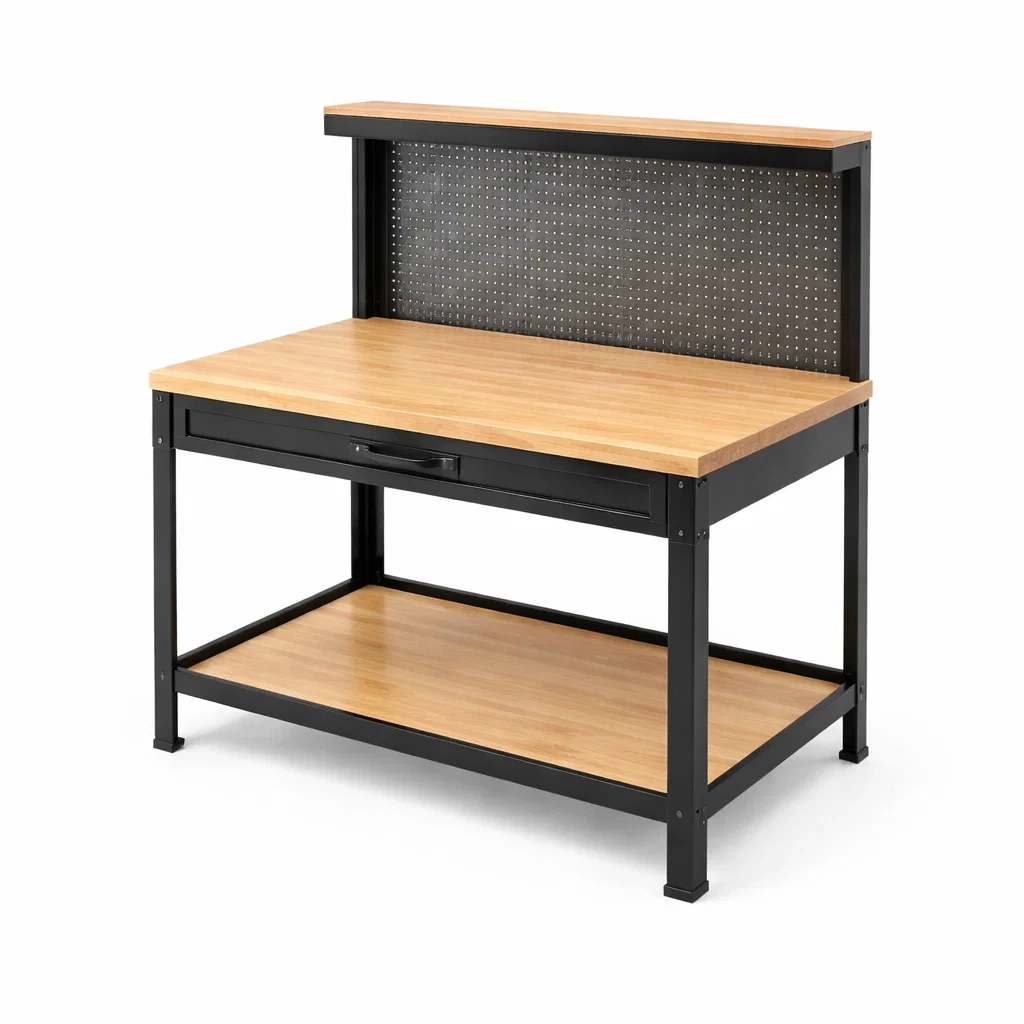 Établi en bois et métal avec panneau perforé-ZENNOOKSANCTUARY