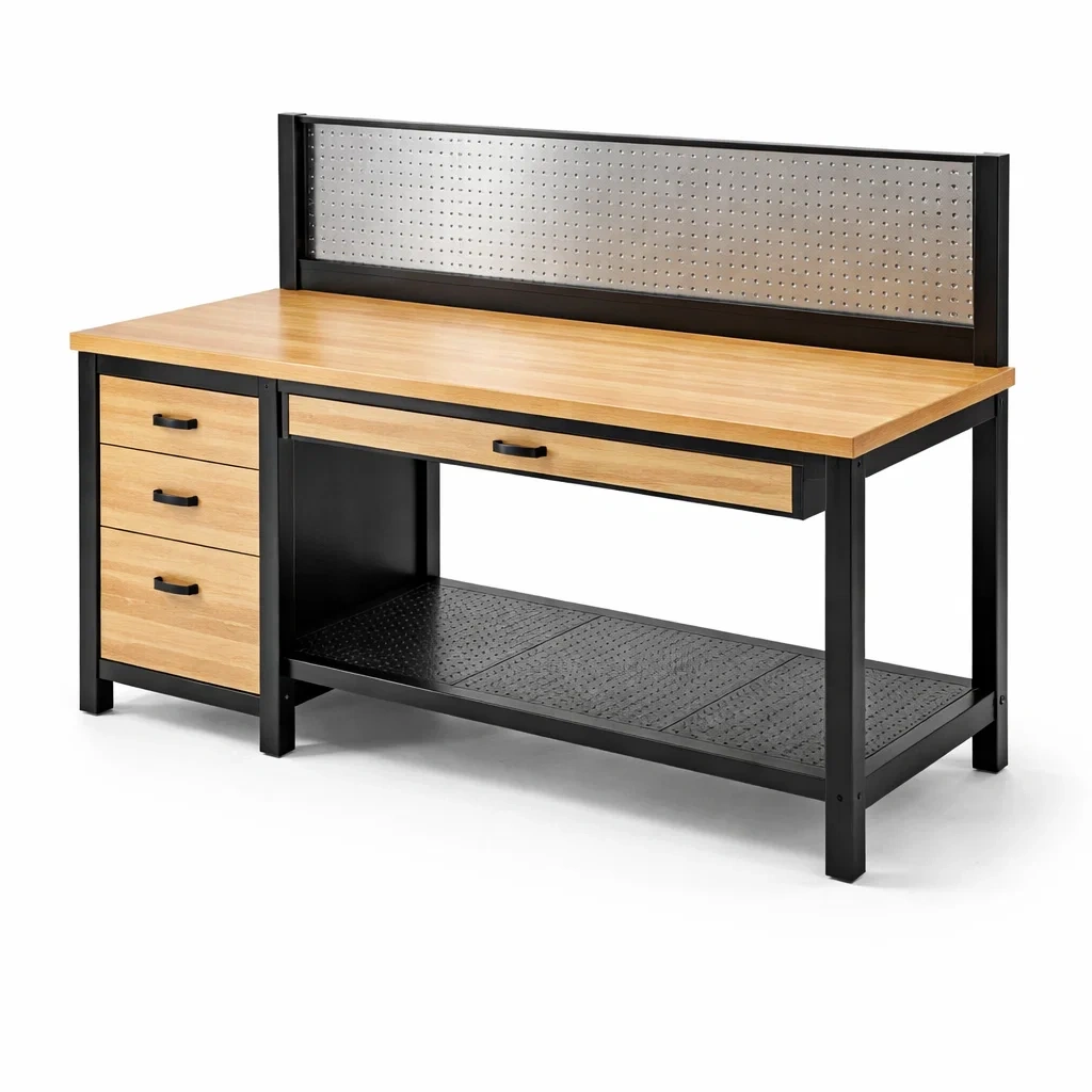 Établi en Bois et Métal avec Tiroirs et Panneau à Outils-ZENNOOKSANCTUARY