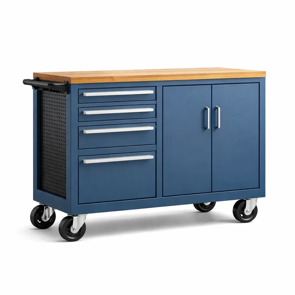 Chariot de rangement en acier bleu avec plateau en chêne-ZENNOOKSANCTUARY