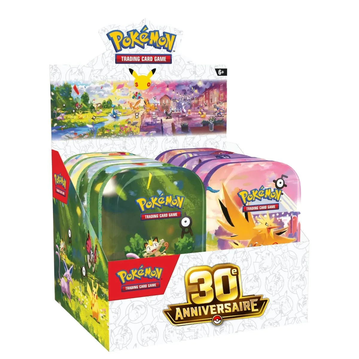 Le Lot scellé de 10 Mini Tins 30e Anniversaire est la boîte présentoir (display) qui regroupe l'intégralité des dix designs Jour & Nuit en un seul achat. Il contient les 10 Mini Tins de la série, soit 20 boosters de l'extension, 10 pages d'autocollants et