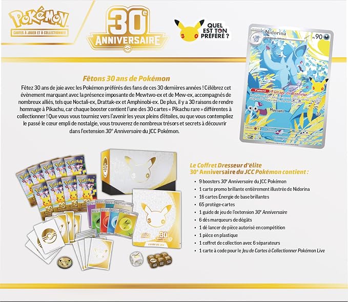Pokémon : Coffret Dresseur d’élite 30ᵉ Anniversaire du JCC Pokémon (1 Carte Promo entièrement illustrée, 9 boosters et des Accessoires de Jeu Premium)