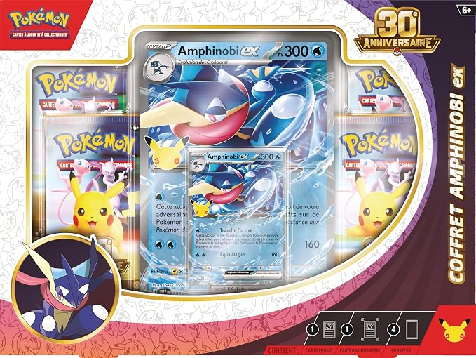 Pokémon : Coffret 30ᵉ Anniversaire – Amphinobi-ex du JCC Pokémon (1 Carte Promo Brillante, 1 Carte Grand Format Brillante et 4 boosters)