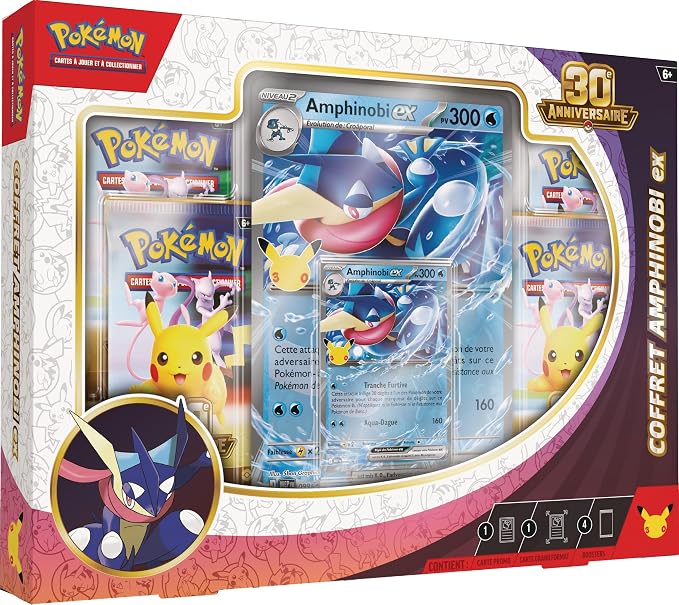 Pokémon : Coffret 30ᵉ Anniversaire – Amphinobi-ex du JCC Pokémon (1 Carte Promo Brillante, 1 Carte Grand Format Brillante et 4 boosters)