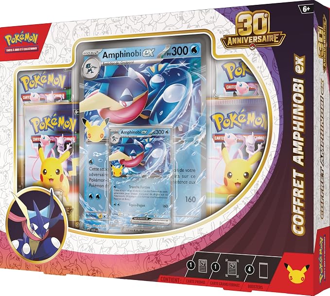Pokémon : Coffret 30ᵉ Anniversaire – Amphinobi-ex du JCC Pokémon (1 Carte Promo Brillante, 1 Carte Grand Format Brillante et 4 boosters)