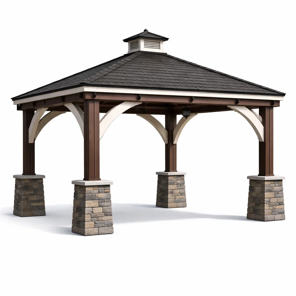 Pavillon rectangulaire en bois et pierre avec toit en bardeaux d asphalte-DREAMLUXENEST