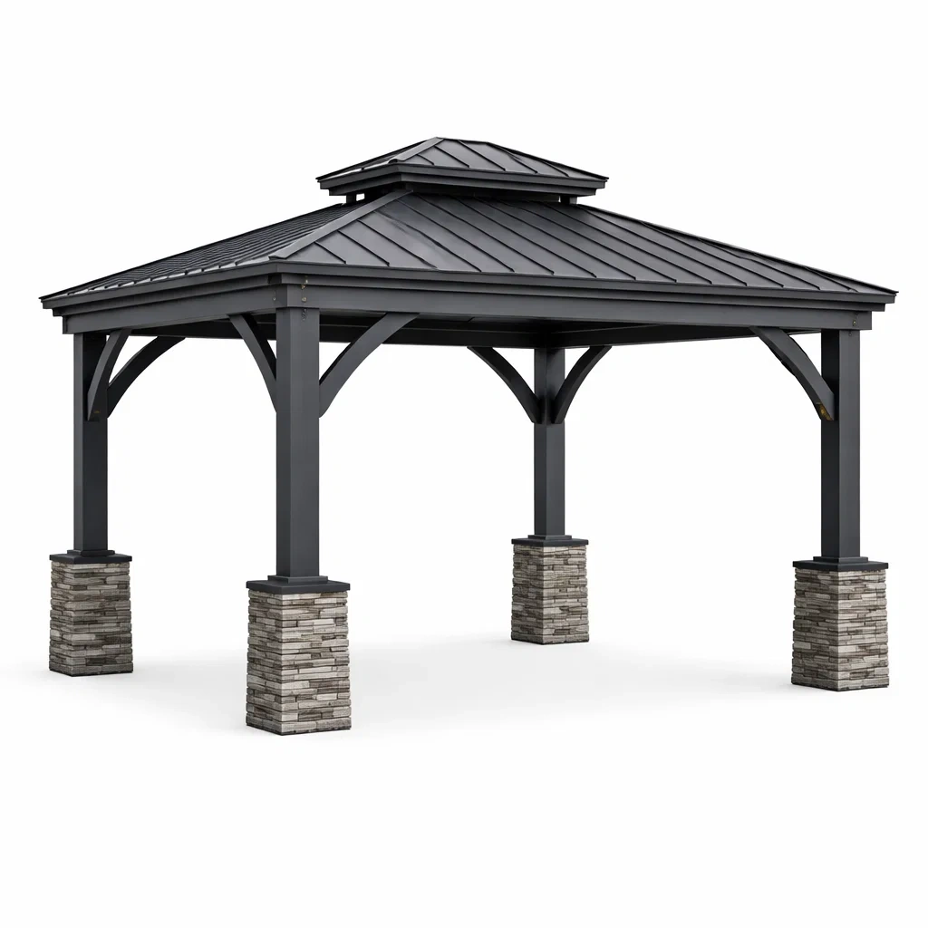 Pavillon en métal avec toit à double niveau et piliers en pierre-DREAMLUXENEST