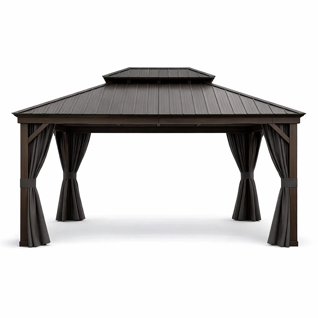 Pavillon en aluminium et acier avec rideaux Gris-DREAMLUXENEST