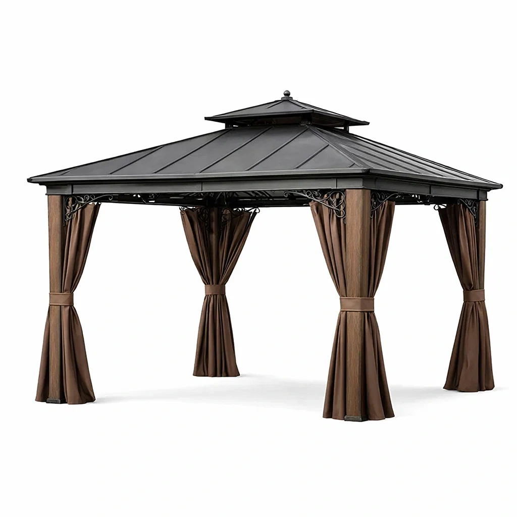 Pavillon en acier avec rideaux en polyester Marron-DREAMLUXENEST